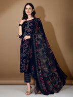 Floral Printed Kurta With Pant & Dupatta, Navy Blue - Hiral Fashion | Grocsy