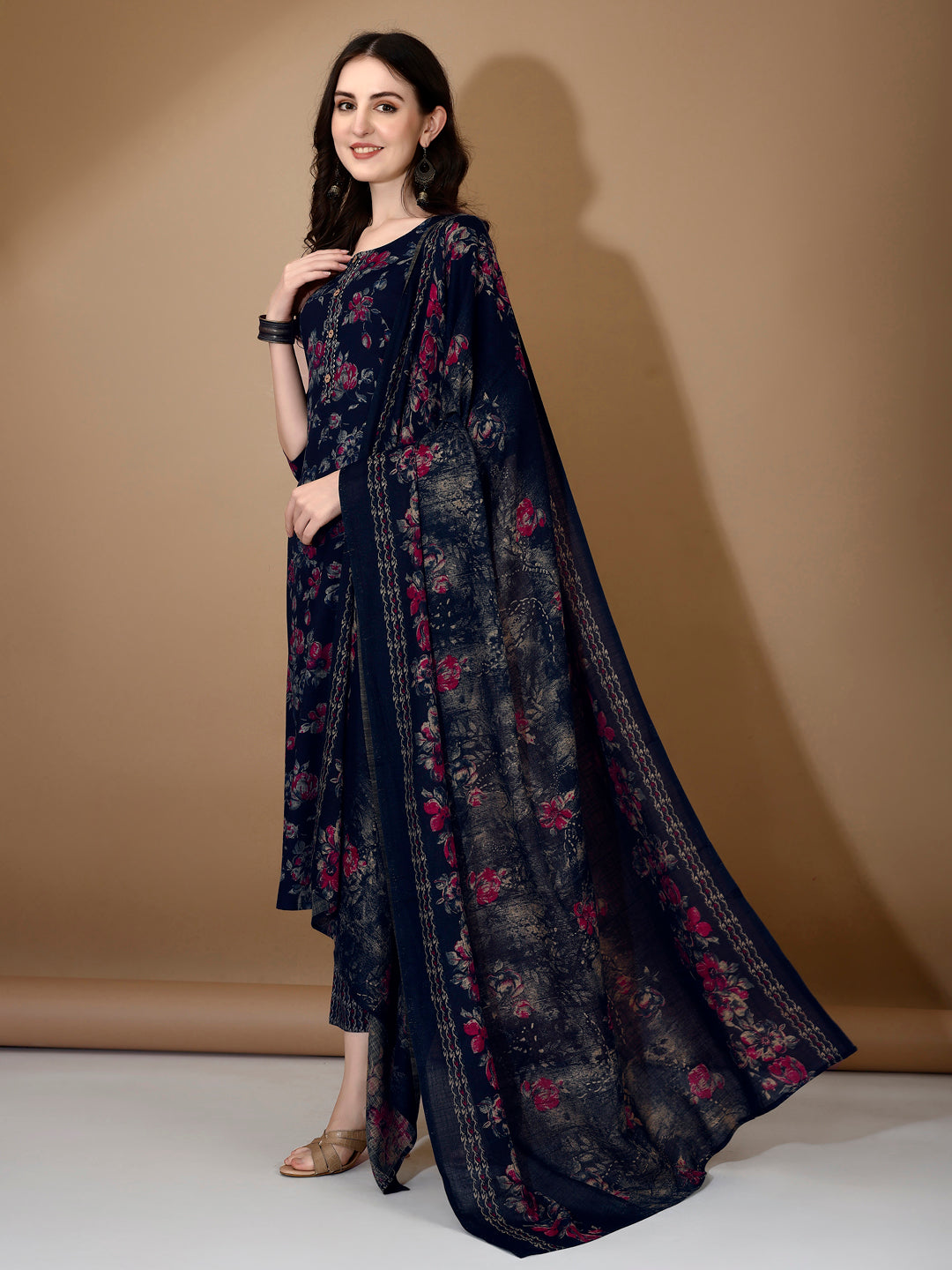 Floral Printed Kurta With Pant & Dupatta, Navy Blue - Hiral Fashion | Grocsy