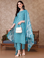 Leaf Printed Kurta With Printed Pant & Dupatta, Multicolor - Hiral Fashion | Grocsy