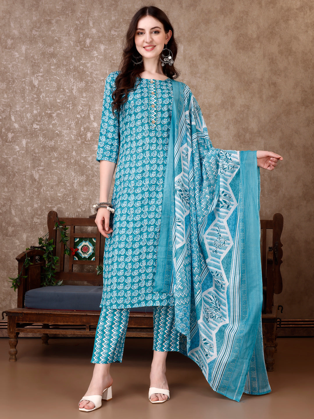 Leaf Printed Kurta With Printed Pant & Dupatta, Multicolor - Hiral Fashion | Grocsy