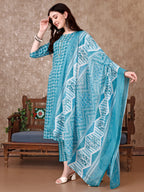 Leaf Printed Kurta With Printed Pant & Dupatta, Multicolor - Hiral Fashion | Grocsy