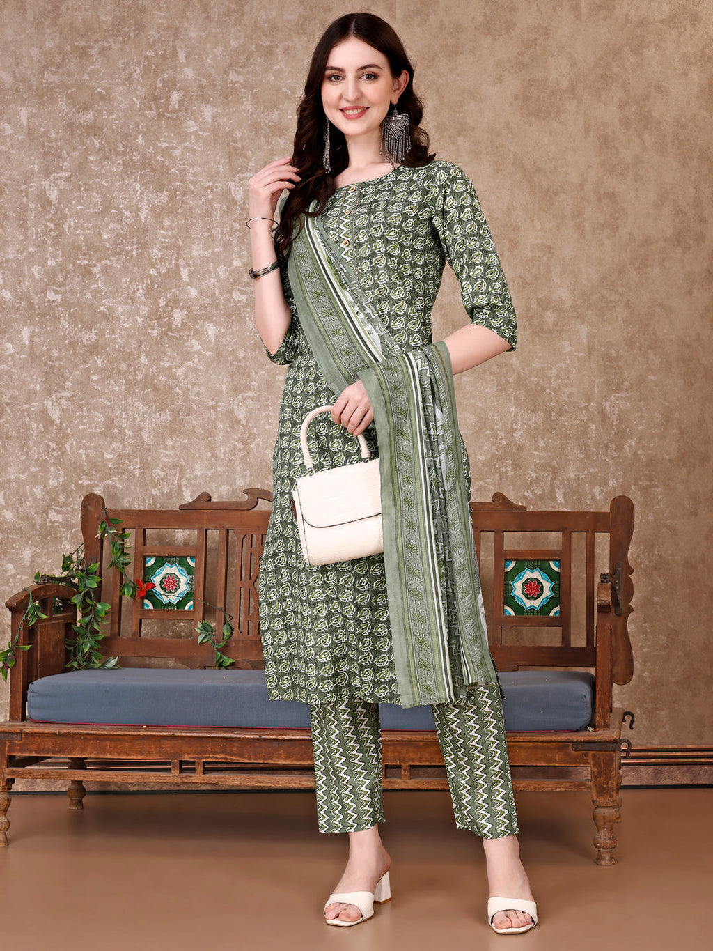 Leaf Printed Kurta With Printed Pant & Dupatta, Multicolor - Hiral Fashion | Grocsy