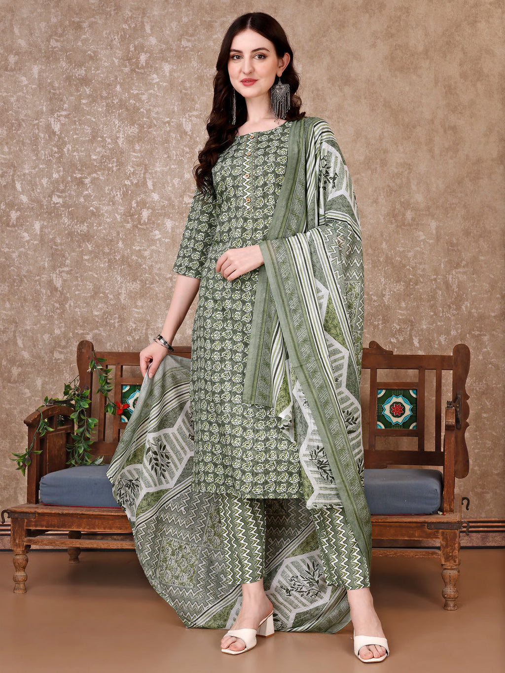 Leaf Printed Kurta With Printed Pant & Dupatta, Multicolor - Hiral Fashion | Grocsy