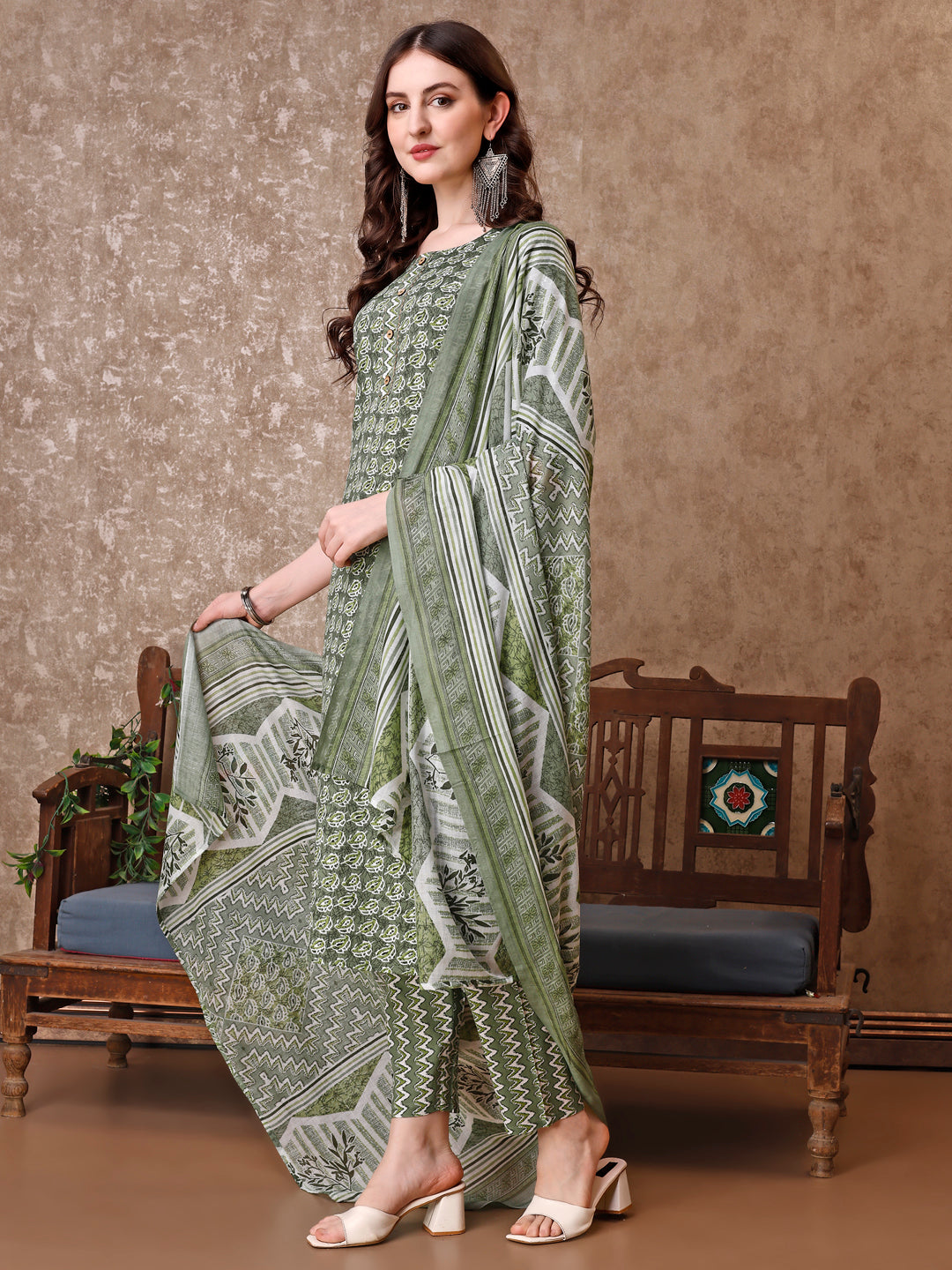 Leaf Printed Kurta With Printed Pant & Dupatta, Multicolor - Hiral Fashion | Grocsy