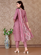 Leaf Printed Kurta With Printed Pant & Dupatta, Multicolor - Hiral Fashion | Grocsy