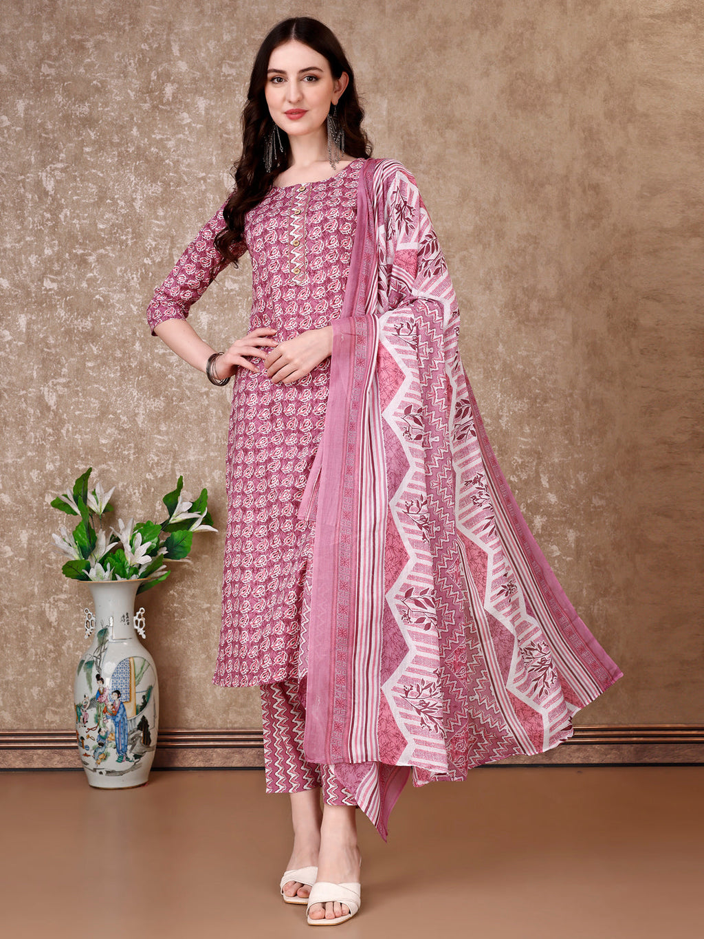 Leaf Printed Kurta With Printed Pant & Dupatta, Multicolor - Hiral Fashion | Grocsy