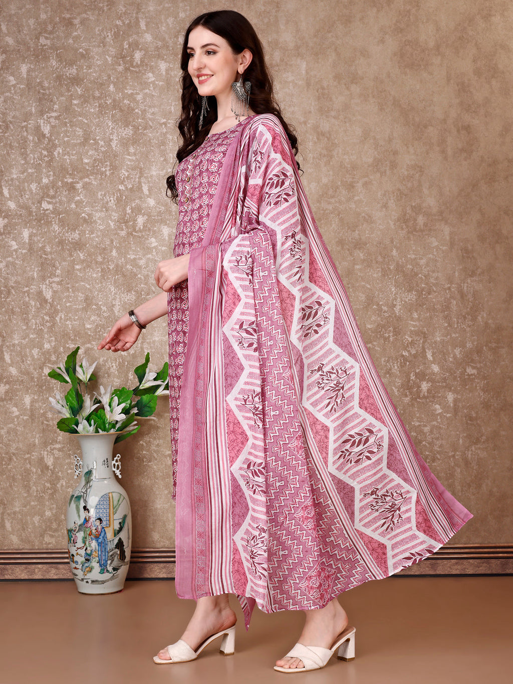 Leaf Printed Kurta With Printed Pant & Dupatta, Multicolor - Hiral Fashion | Grocsy