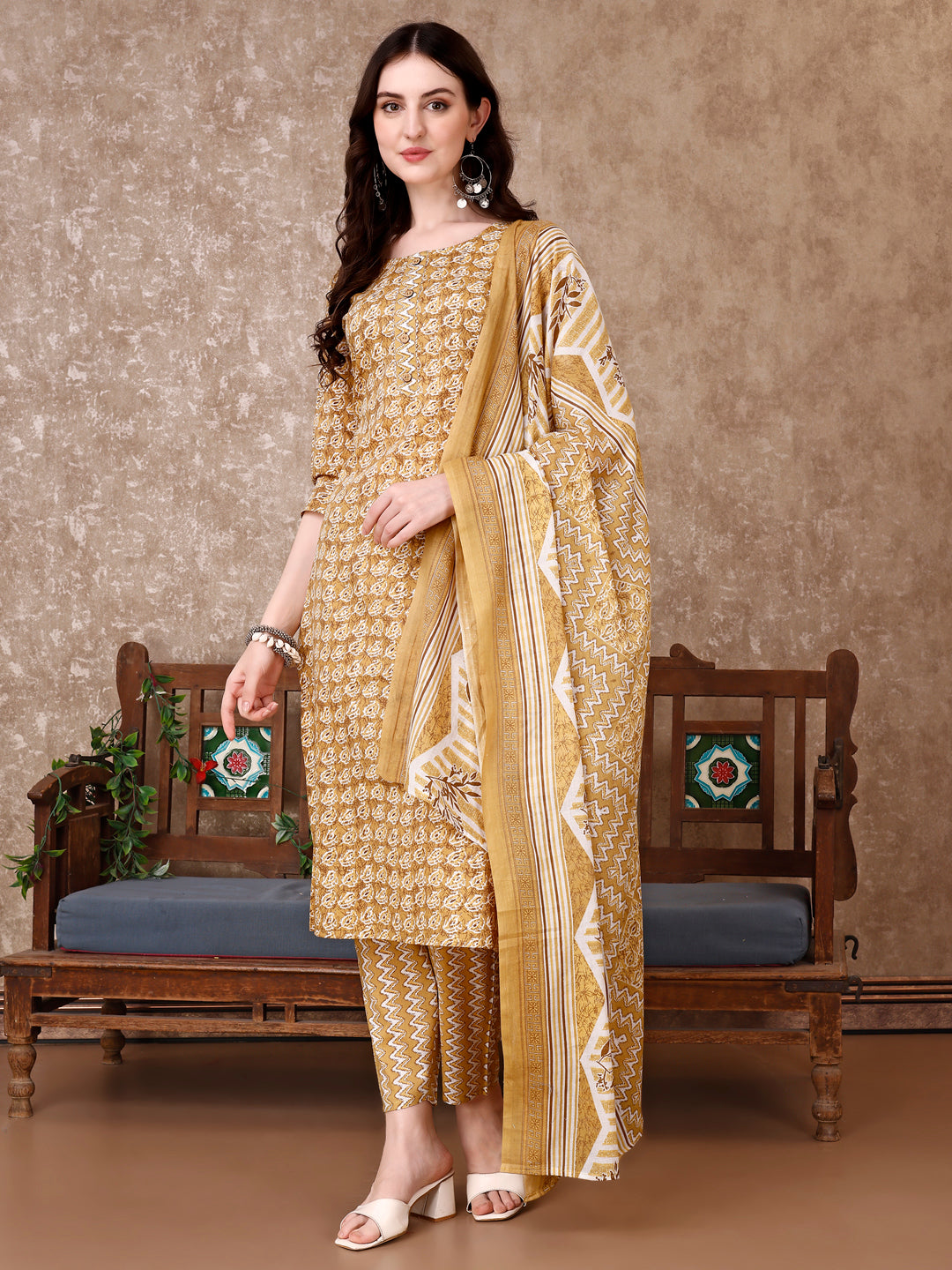 Leaf Printed Kurta With Printed Pant & Dupatta, Multicolor - Hiral Fashion | Grocsy