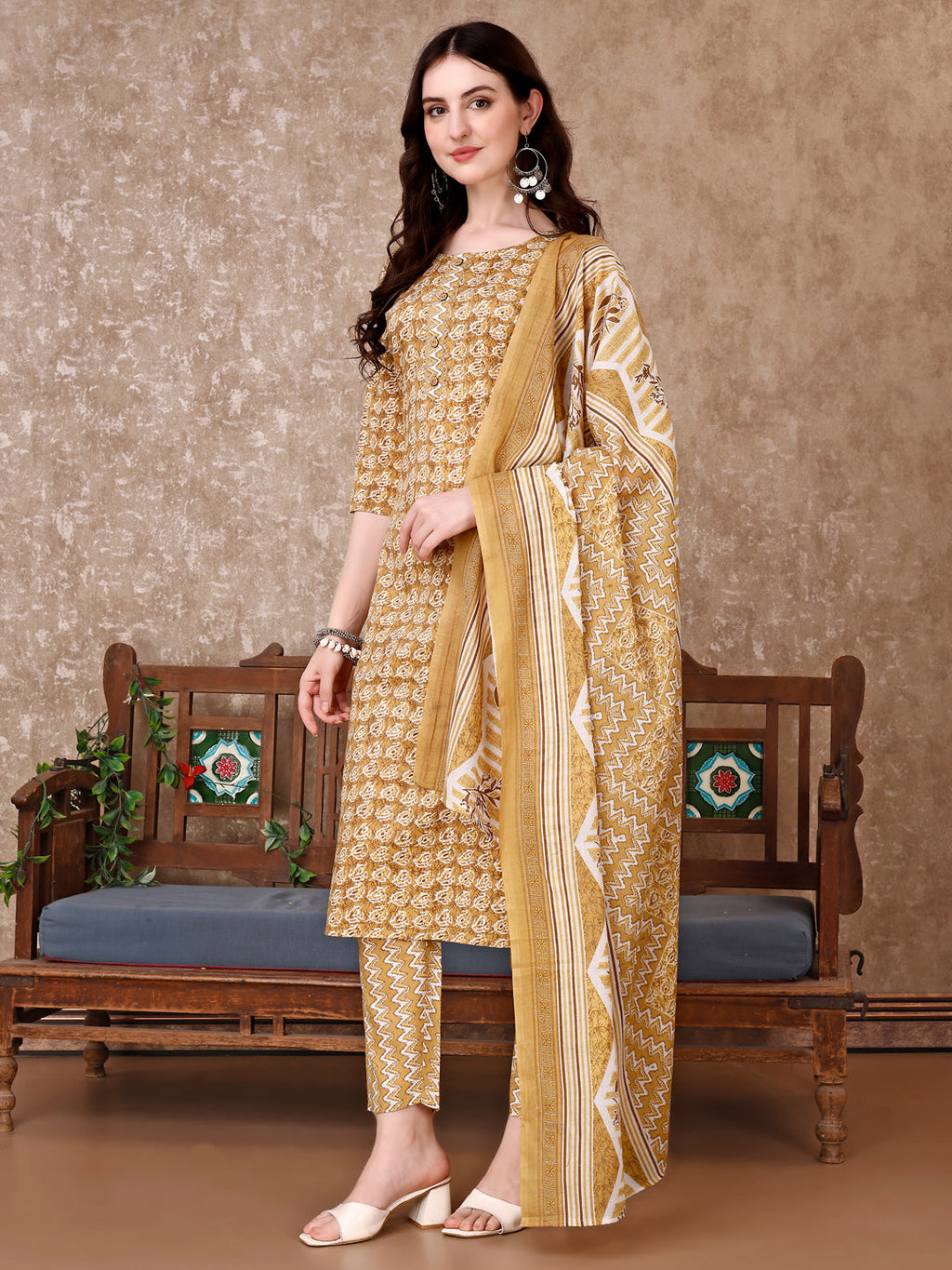 Leaf Printed Kurta With Printed Pant & Dupatta, Multicolor - Hiral Fashion | Grocsy