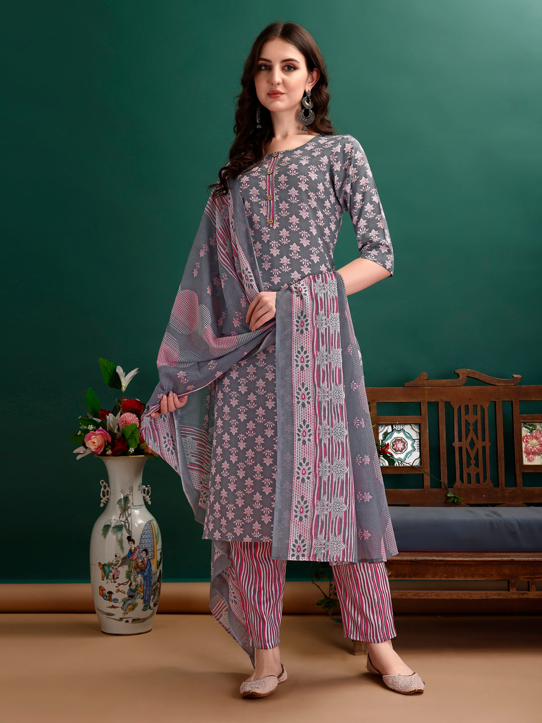 Ethnic Motifs Printed Kurta With Ethnic Motifs Printed Kurta With Printed Pant & Dupatta, Multicolor - Hiral Fashion | Grocsy