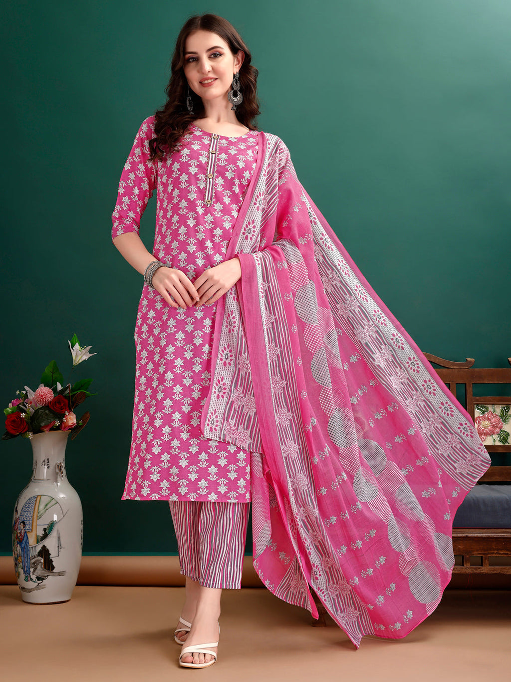 Ethnic Motifs Printed Kurta With Ethnic Motifs Printed Kurta With Printed Pant & Dupatta, Multicolor - Hiral Fashion | Grocsy