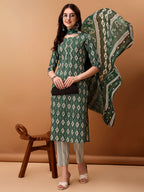 Ethnic Motifs Printed Kurta With Pant & Dupatta, Green - Hiral Fashion | Grocsy