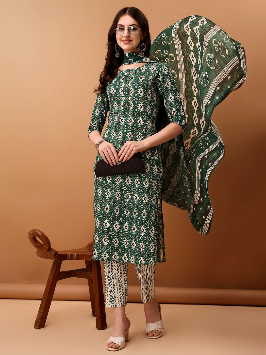 Ethnic Motifs Printed Kurta With Pant & Dupatta, Green - Hiral Fashion | Grocsy