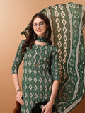 Ethnic Motifs Printed Kurta With Pant & Dupatta, Green - Hiral Fashion | Grocsy