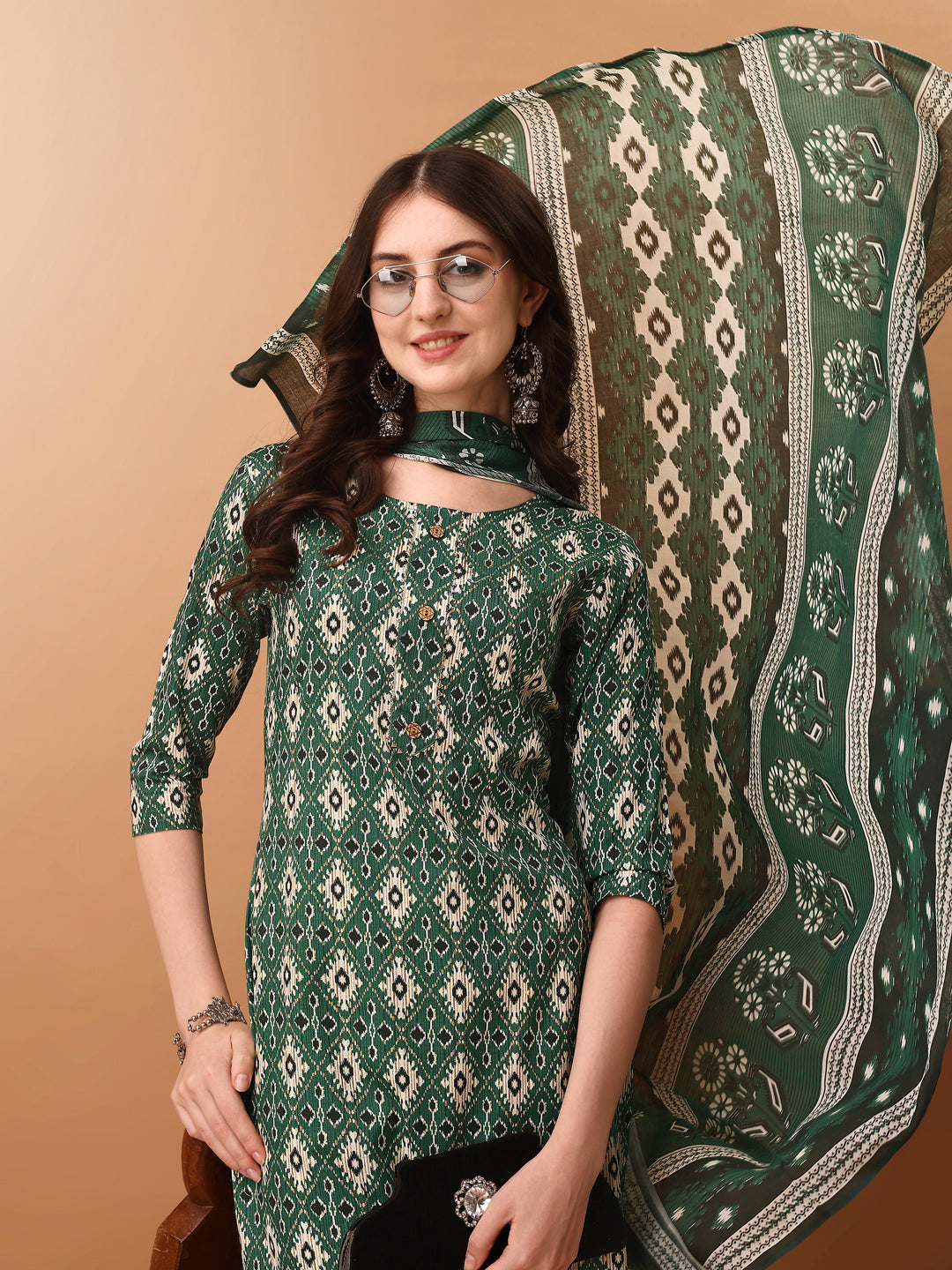 Ethnic Motifs Printed Kurta With Pant & Dupatta, Green - Hiral Fashion | Grocsy