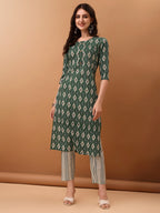 Ethnic Motifs Printed Kurta With Pant & Dupatta, Green - Hiral Fashion | Grocsy