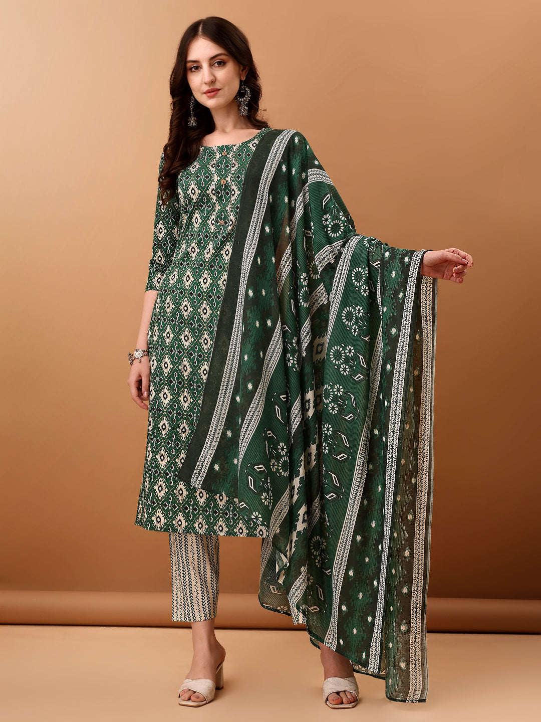 Ethnic Motifs Printed Kurta With Pant & Dupatta, Green - Hiral Fashion | Grocsy