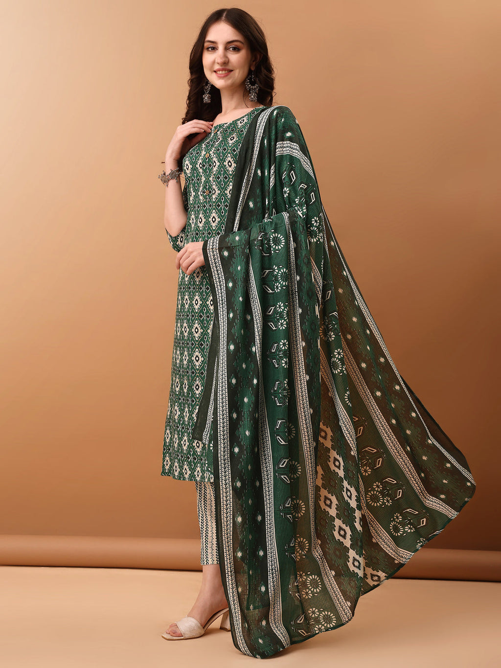 Ethnic Motifs Printed Kurta With Pant & Dupatta, Green - Hiral Fashion | Grocsy