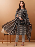 Ethnic Motifs Printed Kurta With Pant & Dupatta, Grey - Hiral Fashion | Grocsy