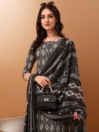 Ethnic Motifs Printed Kurta With Pant & Dupatta, Grey - Hiral Fashion | Grocsy
