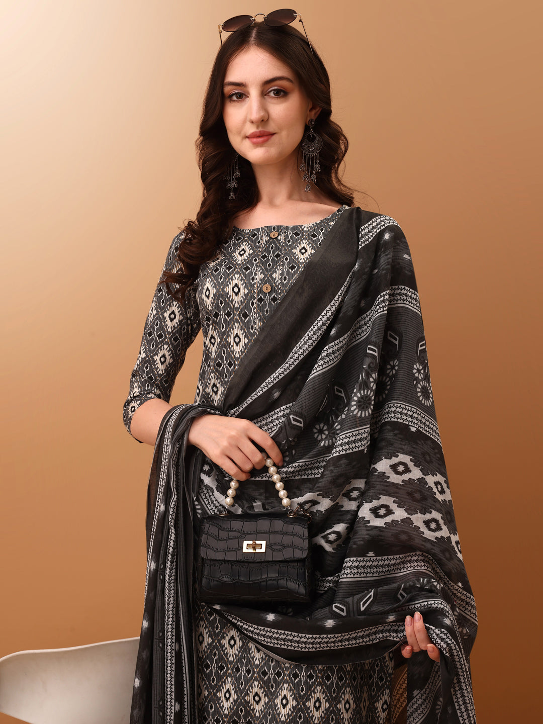 Ethnic Motifs Printed Kurta With Pant & Dupatta, Grey - Hiral Fashion | Grocsy