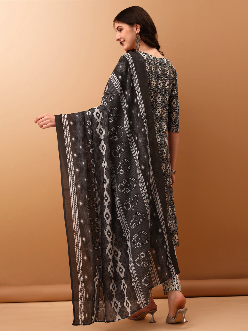 Ethnic Motifs Printed Kurta With Pant & Dupatta, Grey - Hiral Fashion | Grocsy
