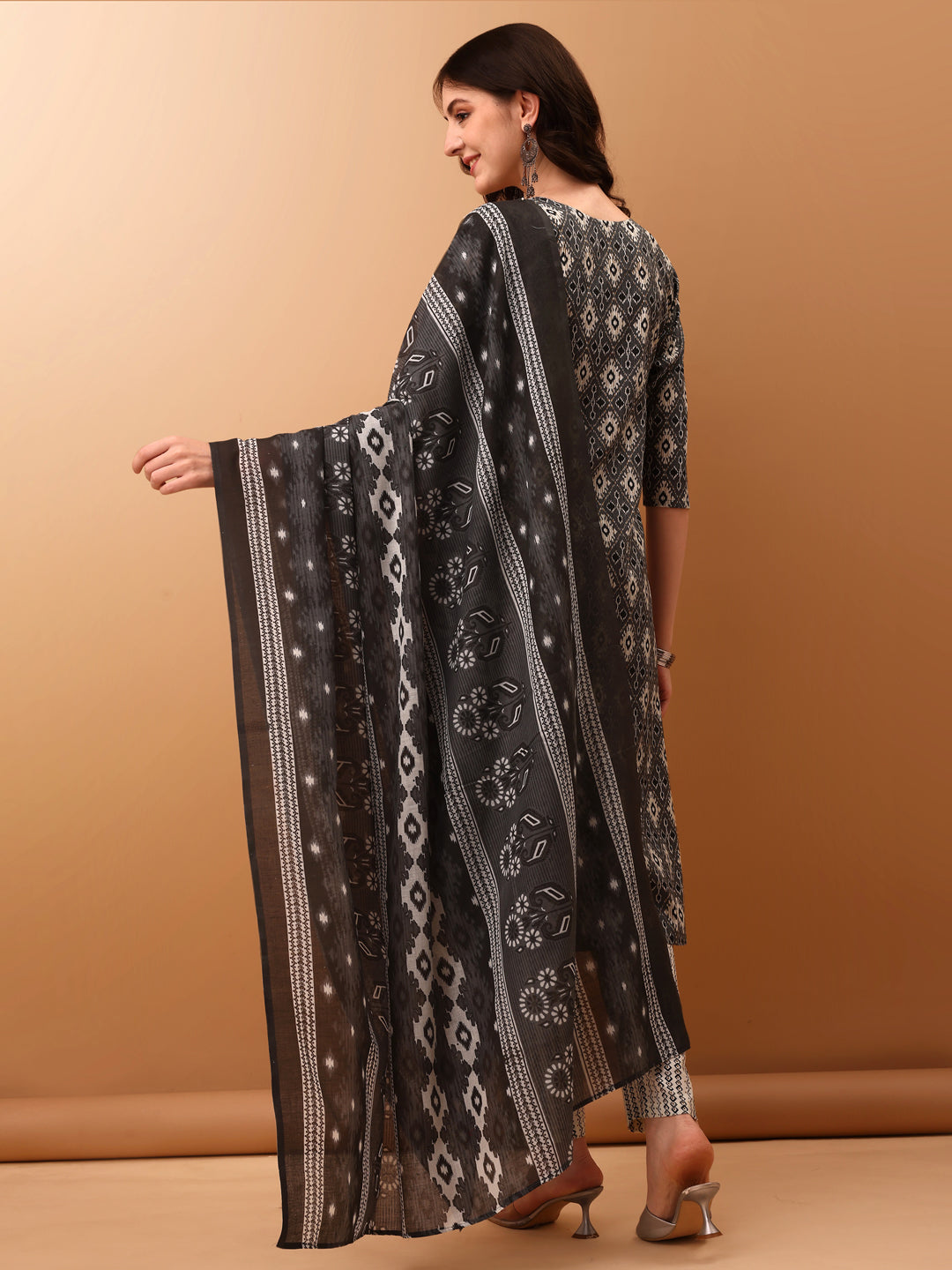 Ethnic Motifs Printed Kurta With Pant & Dupatta, Grey - Hiral Fashion | Grocsy