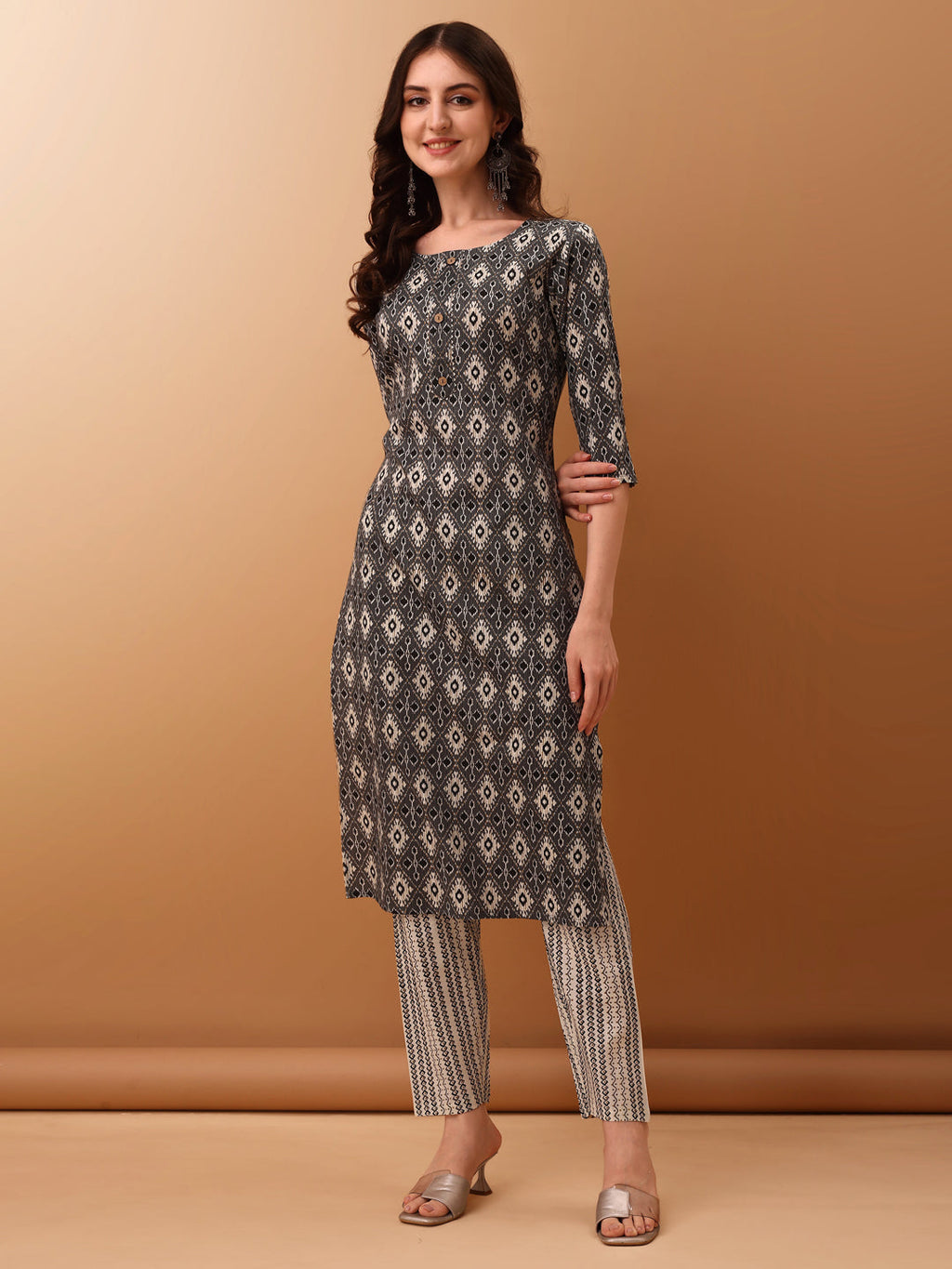 Ethnic Motifs Printed Kurta With Pant & Dupatta, Grey - Hiral Fashion | Grocsy