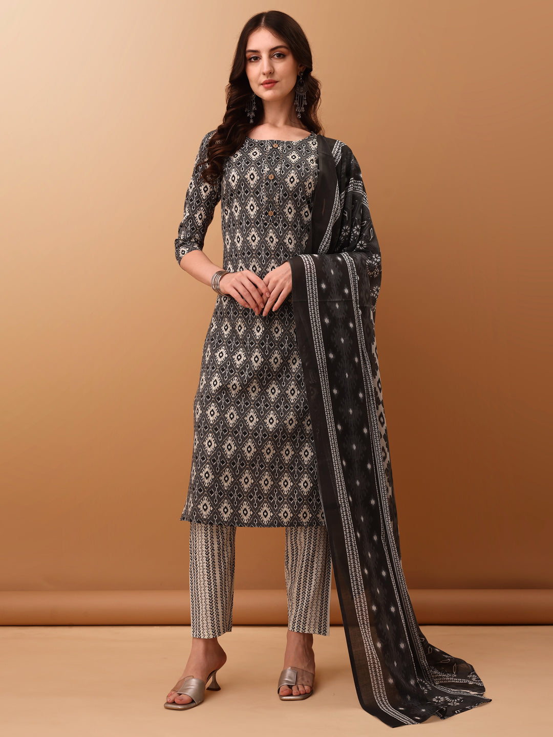 Ethnic Motifs Printed Kurta With Pant & Dupatta, Grey - Hiral Fashion | Grocsy