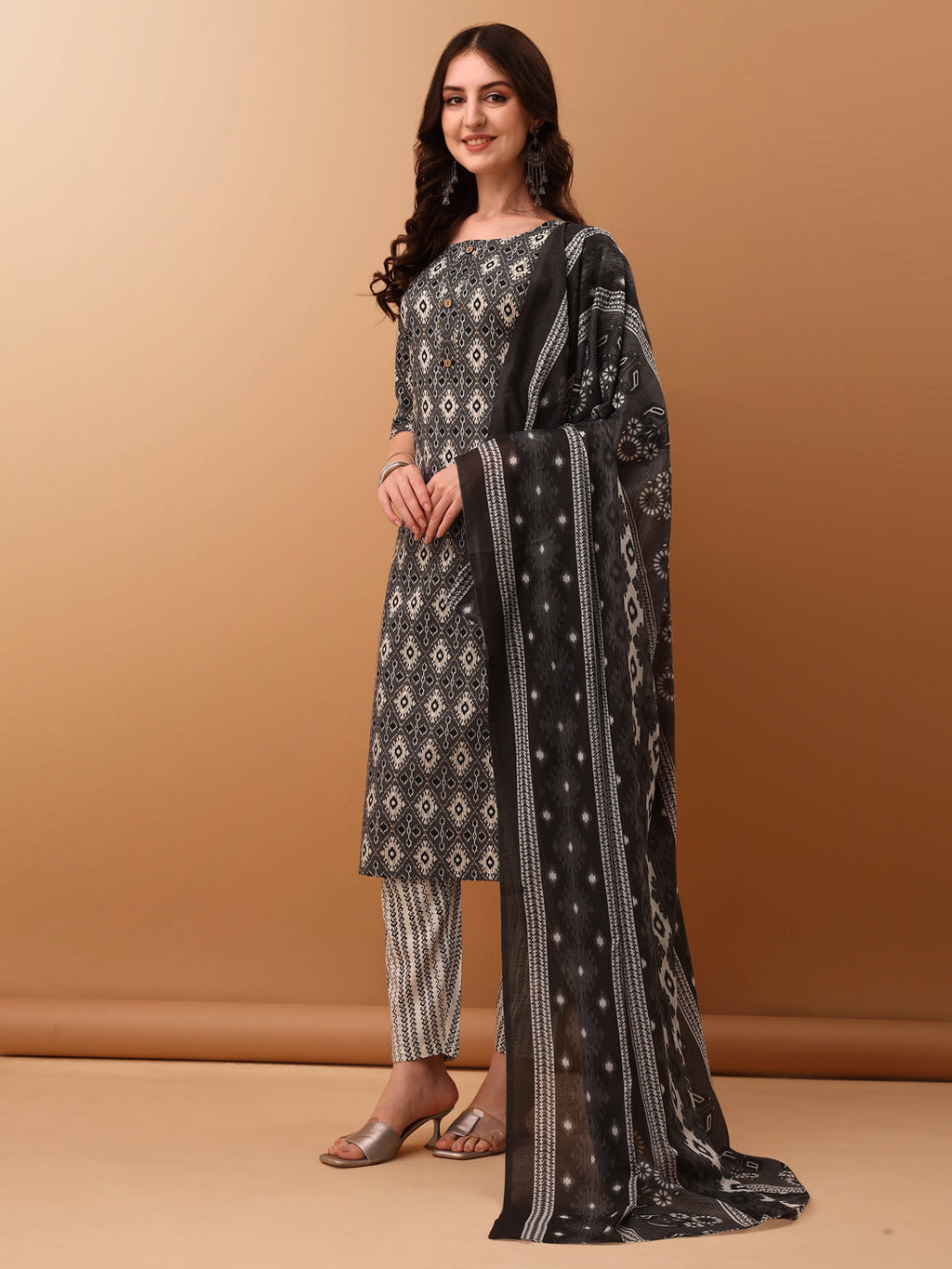 Ethnic Motifs Printed Kurta With Pant & Dupatta, Grey - Hiral Fashion | Grocsy