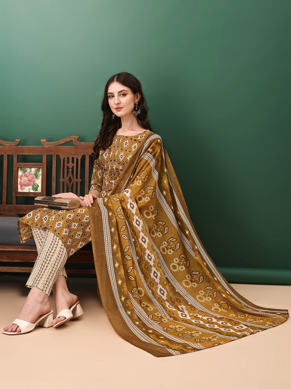 Ethnic Motifs Printed Kurta With Pant & Dupatta, Mustard - Hiral Fashion | Grocsy
