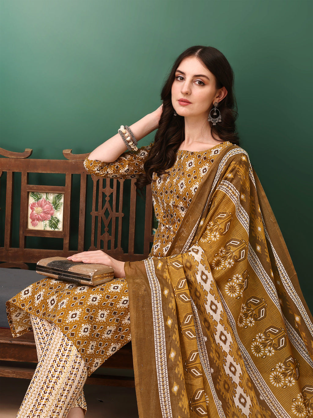Ethnic Motifs Printed Kurta With Pant & Dupatta, Mustard - Hiral Fashion | Grocsy