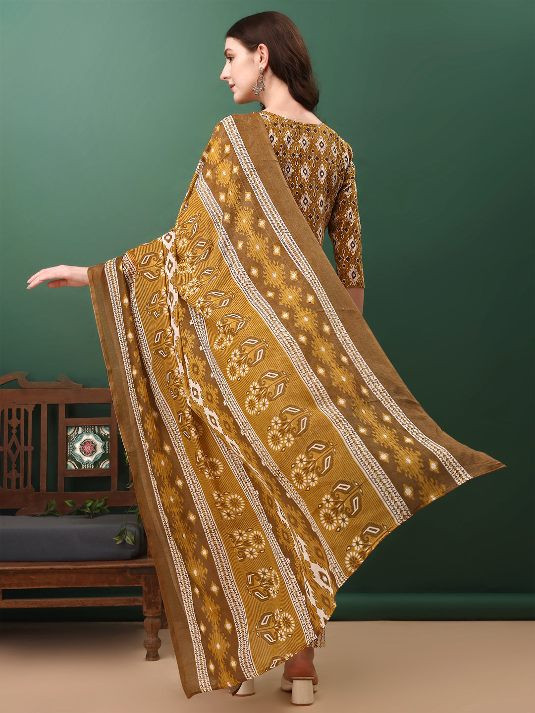 Ethnic Motifs Printed Kurta With Pant & Dupatta, Mustard - Hiral Fashion | Grocsy