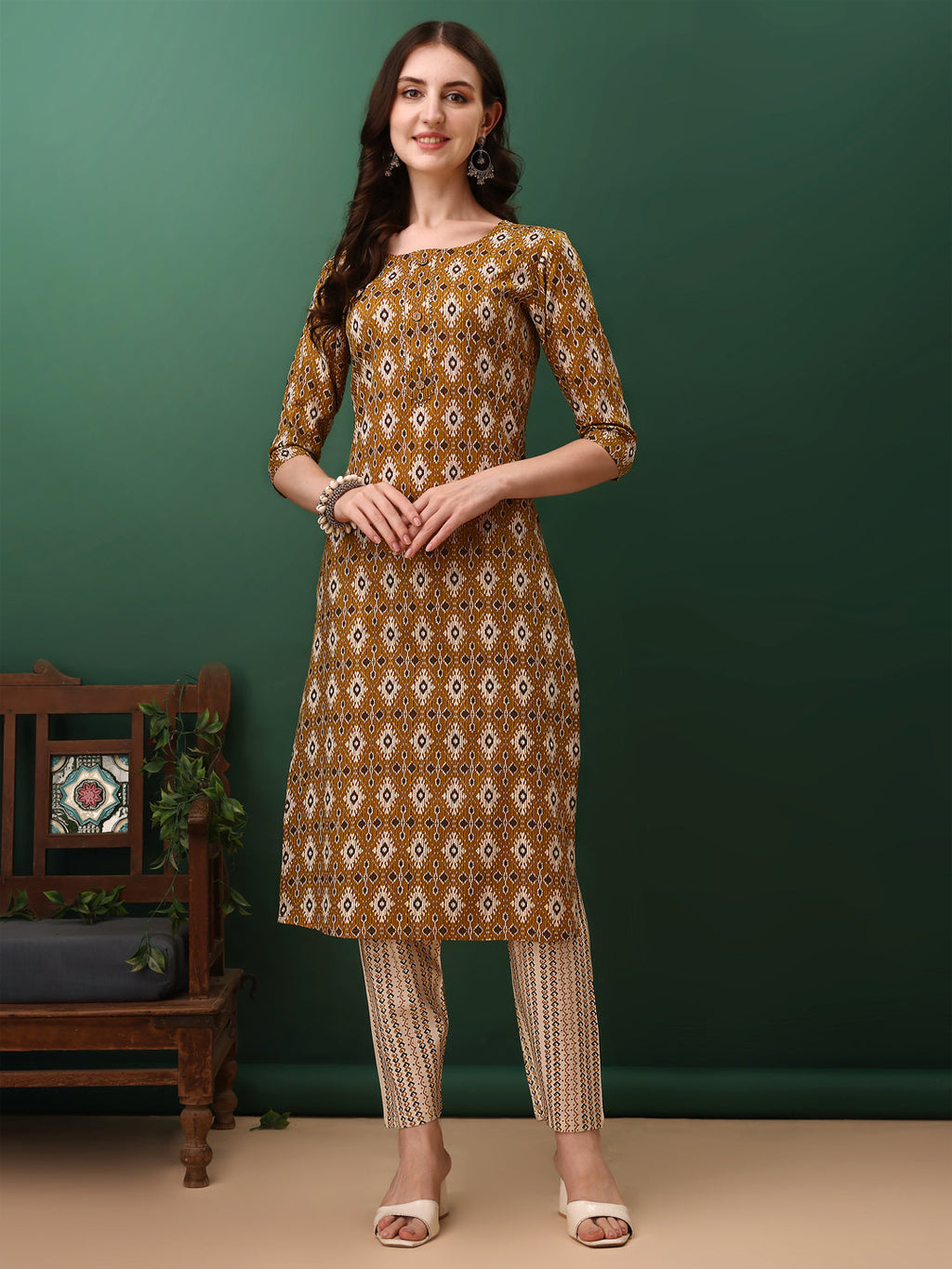 Ethnic Motifs Printed Kurta With Pant & Dupatta, Mustard - Hiral Fashion | Grocsy
