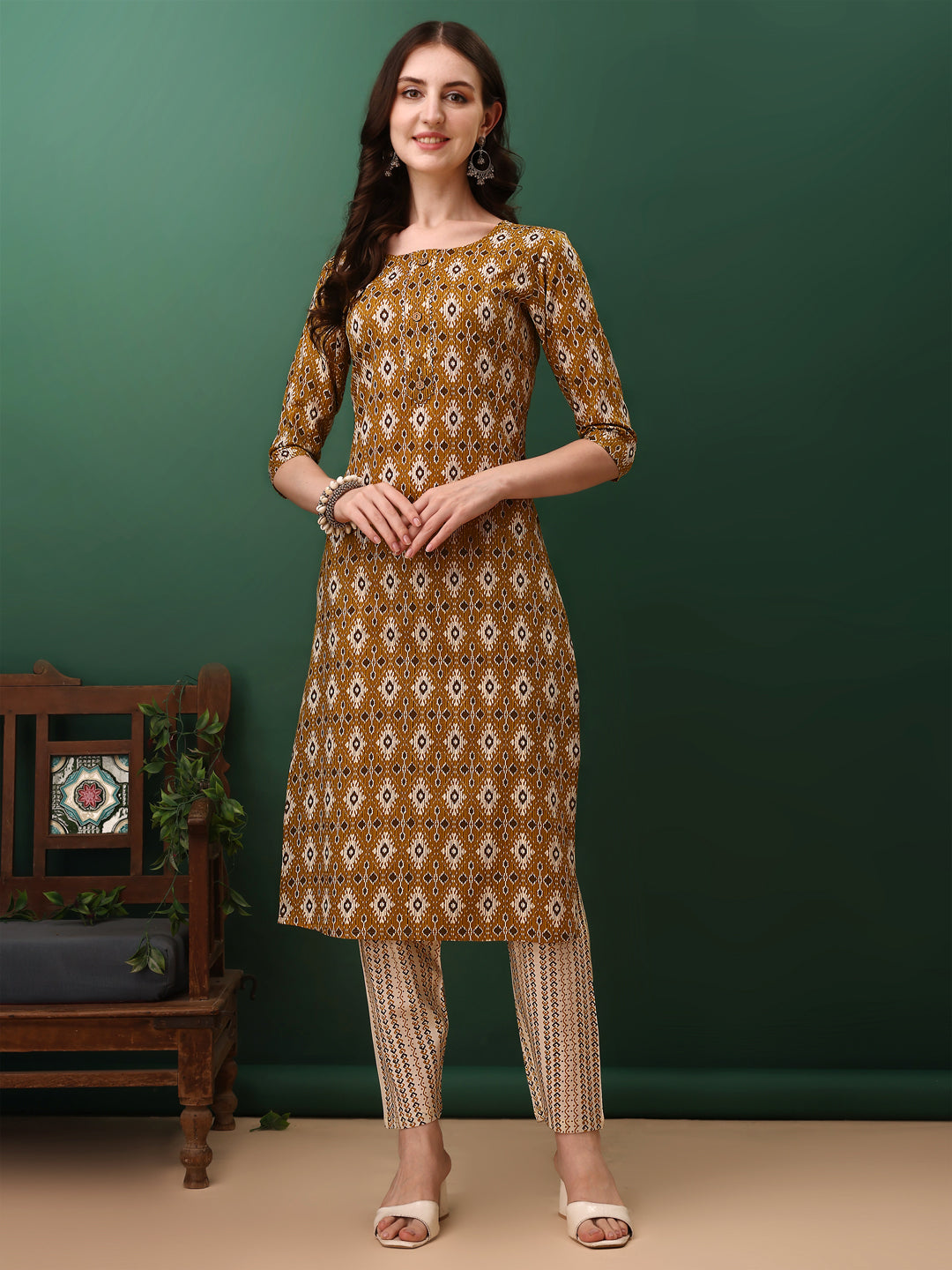 Ethnic Motifs Printed Kurta With Pant & Dupatta, Mustard - Hiral Fashion | Grocsy