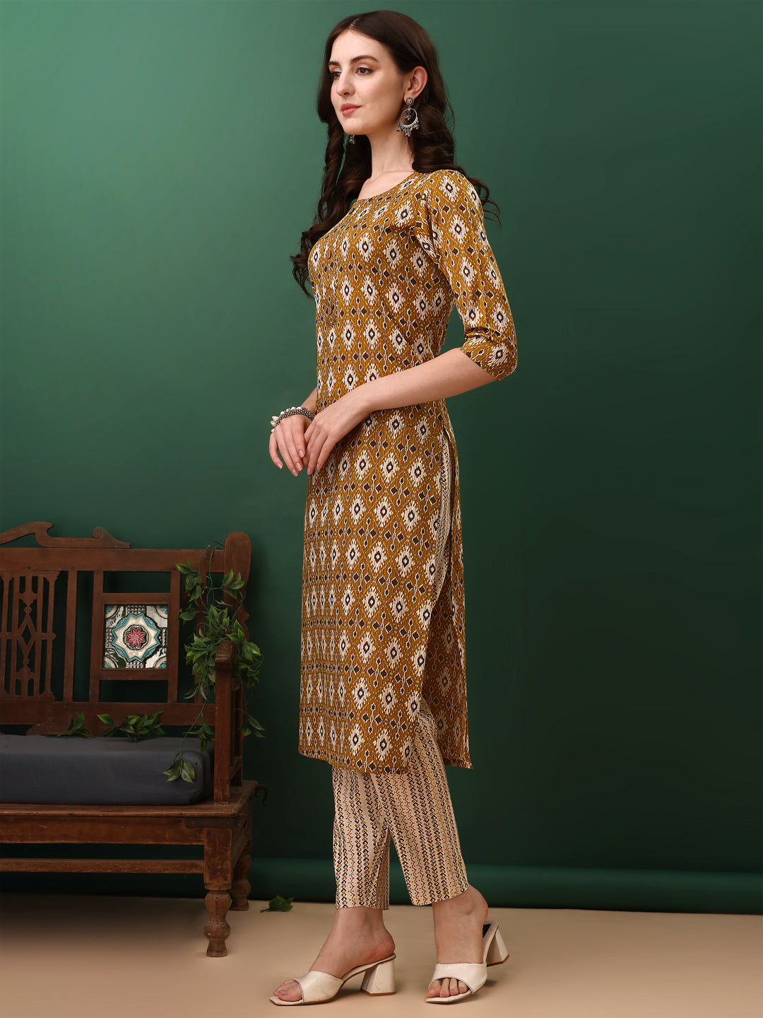 Ethnic Motifs Printed Kurta With Pant & Dupatta, Mustard - Hiral Fashion | Grocsy
