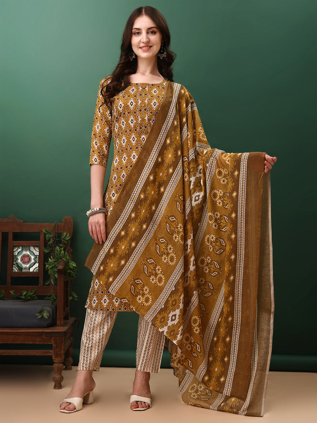 Ethnic Motifs Printed Kurta With Pant & Dupatta, Mustard - Hiral Fashion | Grocsy