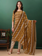 Ethnic Motifs Printed Kurta With Pant & Dupatta, Mustard - Hiral Fashion | Grocsy