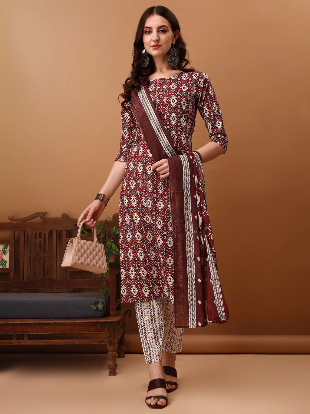 Ethnic Motifs Printed Kurta With Pant & Dupatta, Wine - Hiral Fashion | Grocsy