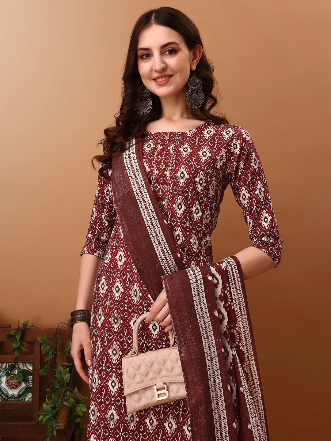 Ethnic Motifs Printed Kurta With Pant & Dupatta, Wine - Hiral Fashion | Grocsy