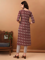 Ethnic Motifs Printed Kurta With Pant & Dupatta, Wine - Hiral Fashion | Grocsy
