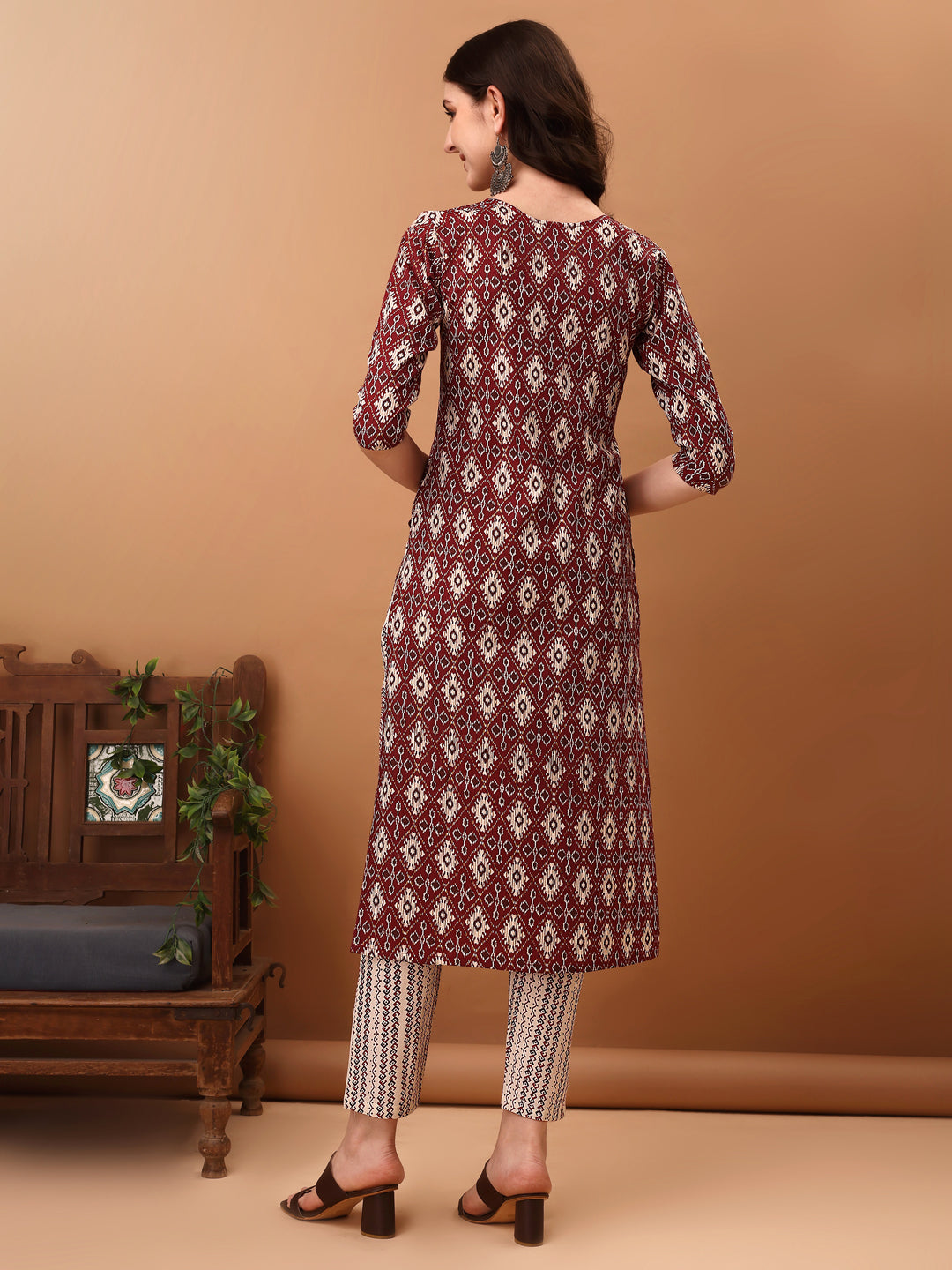 Ethnic Motifs Printed Kurta With Pant & Dupatta, Wine - Hiral Fashion | Grocsy
