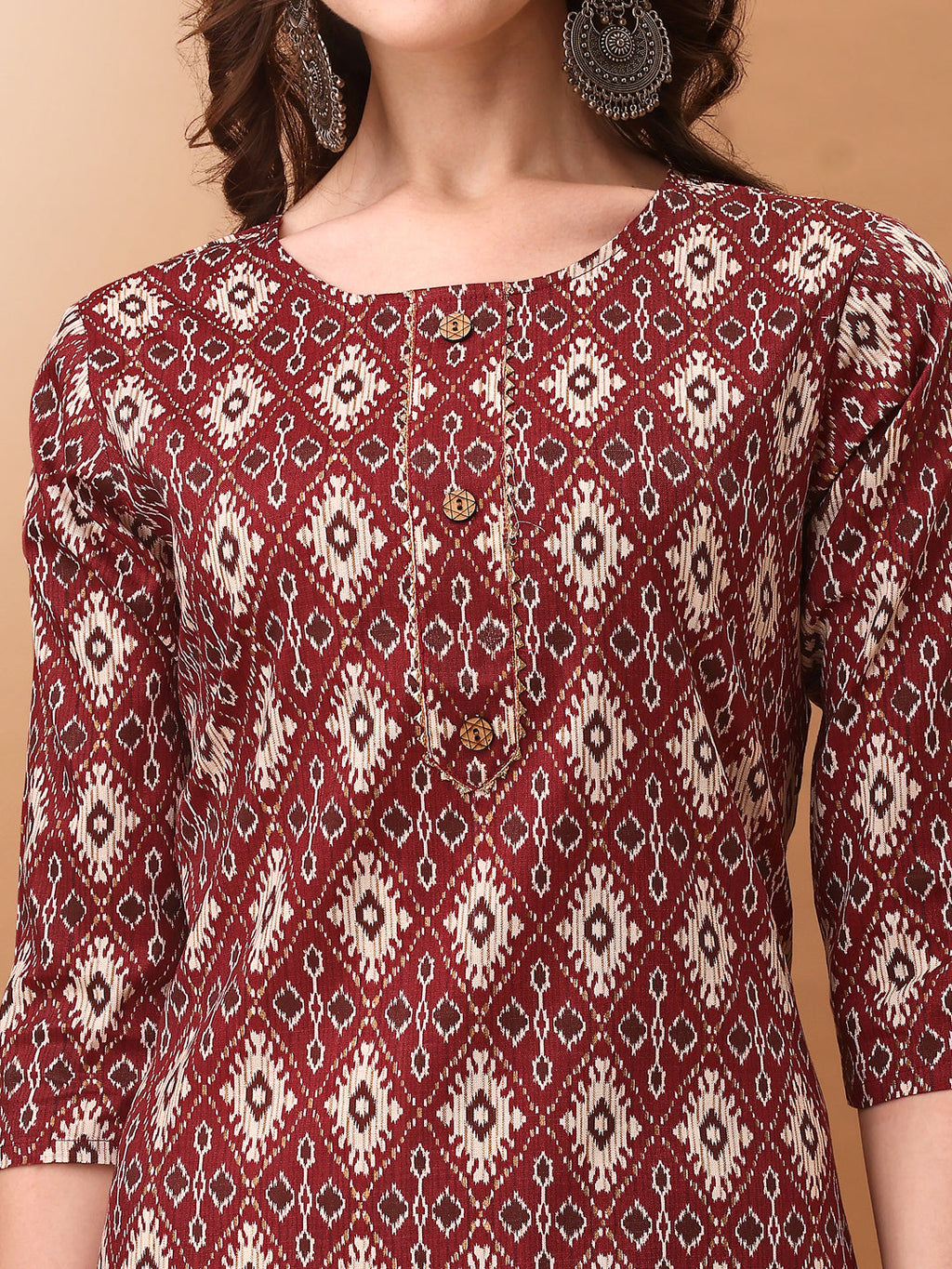 Ethnic Motifs Printed Kurta With Pant & Dupatta, Wine - Hiral Fashion | Grocsy