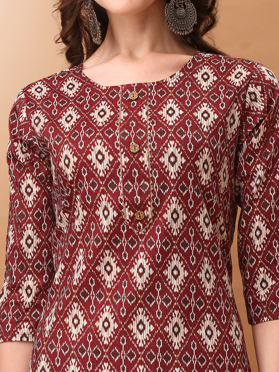 Ethnic Motifs Printed Kurta With Pant & Dupatta, Wine - Hiral Fashion | Grocsy