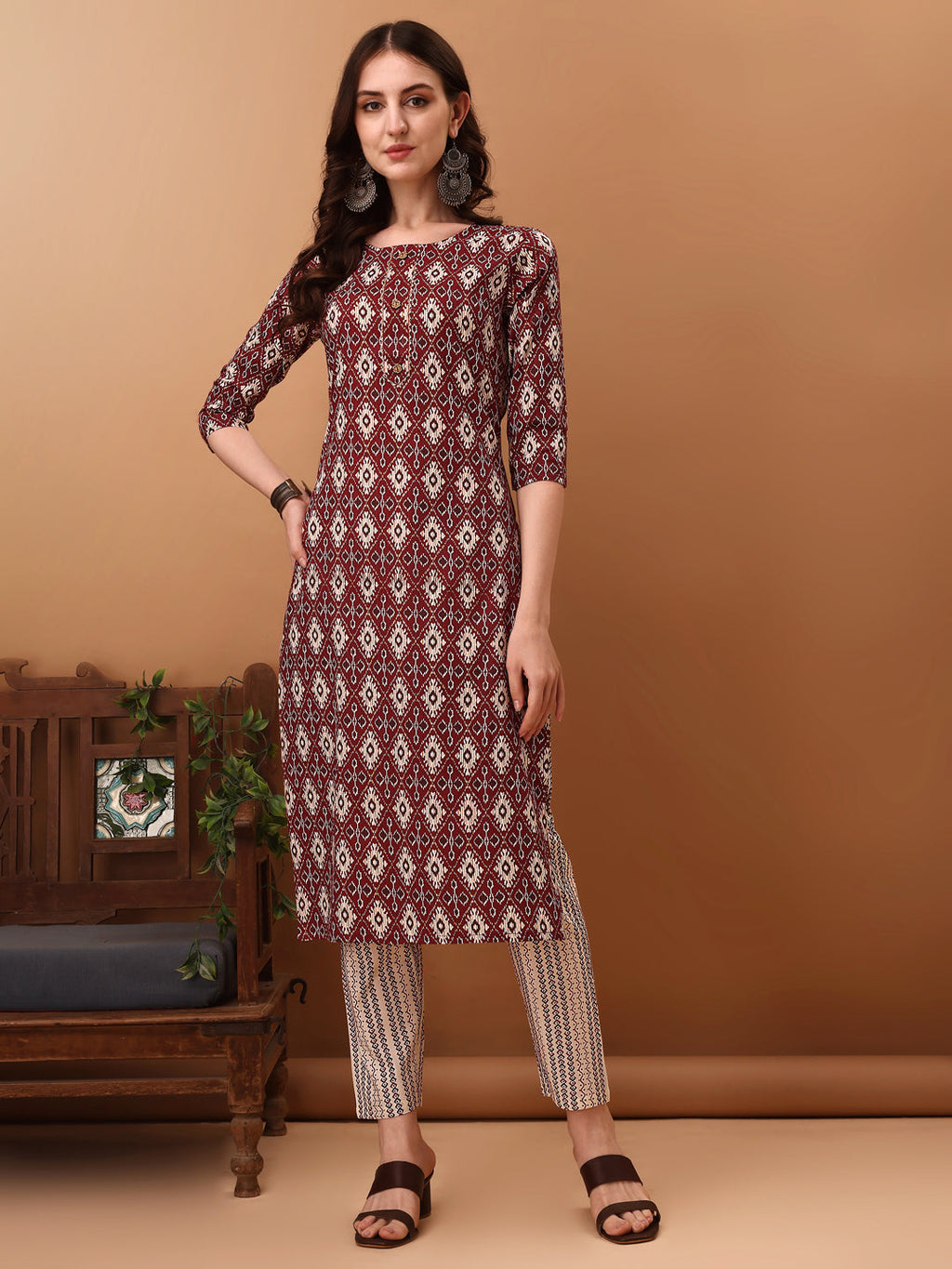 Ethnic Motifs Printed Kurta With Pant & Dupatta, Wine - Hiral Fashion | Grocsy
