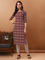 Ethnic Motifs Printed Kurta With Pant & Dupatta, Wine - Hiral Fashion | Grocsy