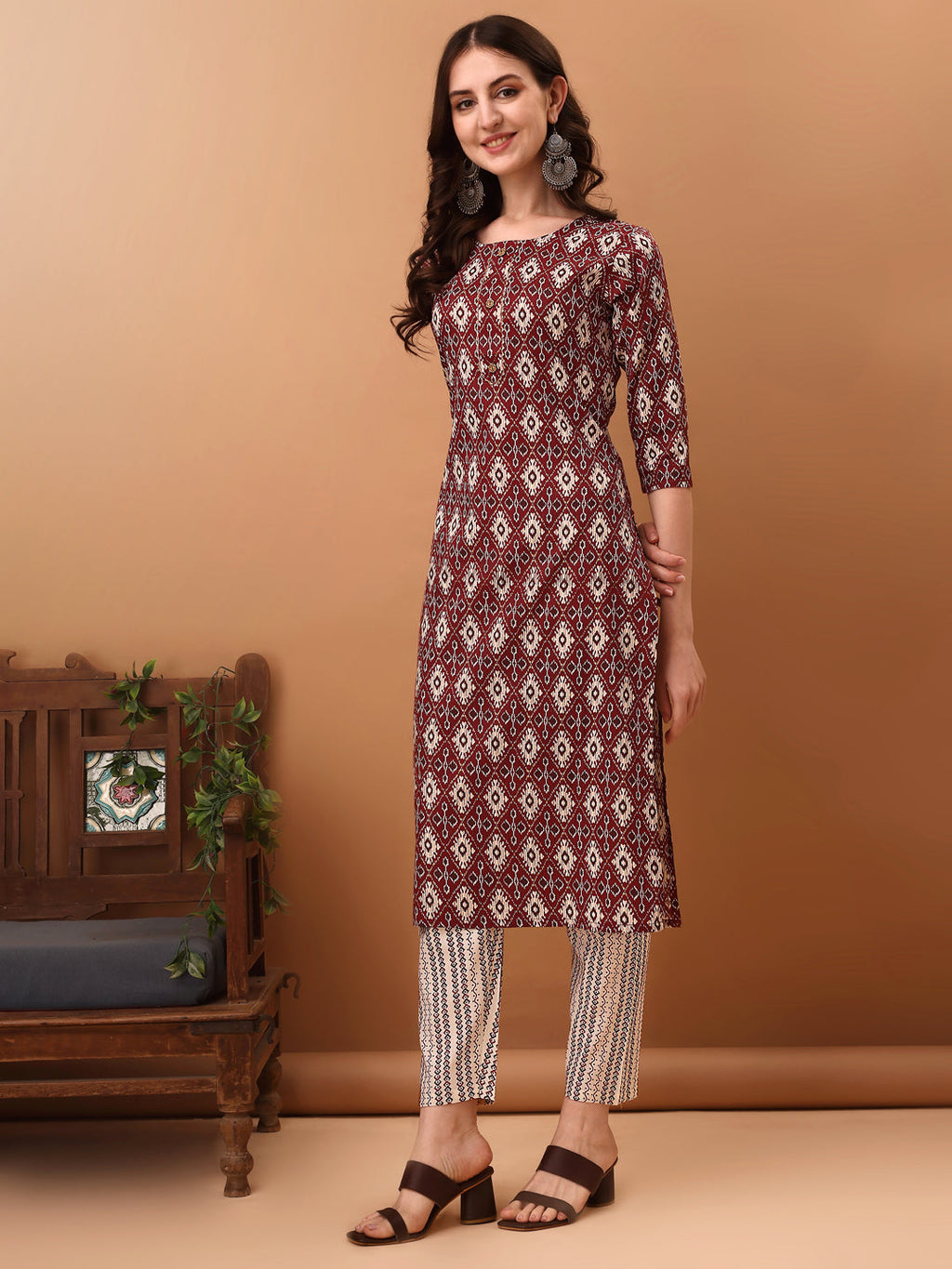 Ethnic Motifs Printed Kurta With Pant & Dupatta, Wine - Hiral Fashion | Grocsy