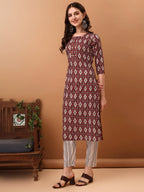 Ethnic Motifs Printed Kurta With Pant & Dupatta, Wine - Hiral Fashion | Grocsy