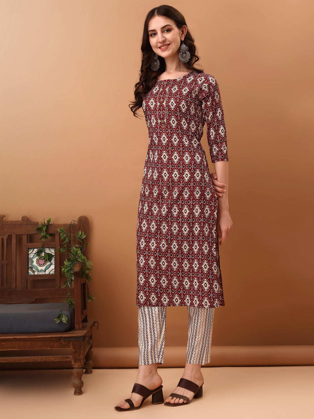 Ethnic Motifs Printed Kurta With Pant & Dupatta, Wine - Hiral Fashion | Grocsy