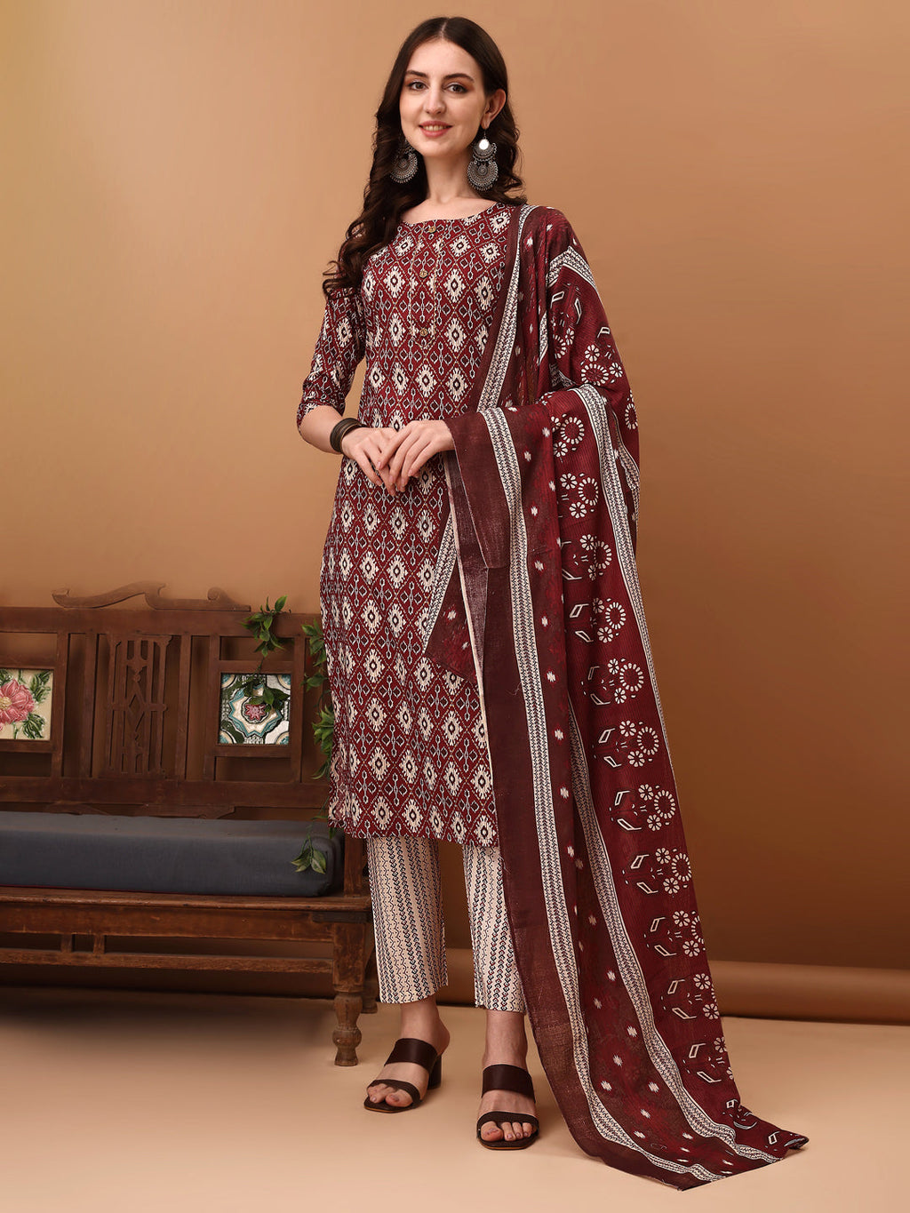 Ethnic Motifs Printed Kurta With Pant & Dupatta, Wine - Hiral Fashion | Grocsy